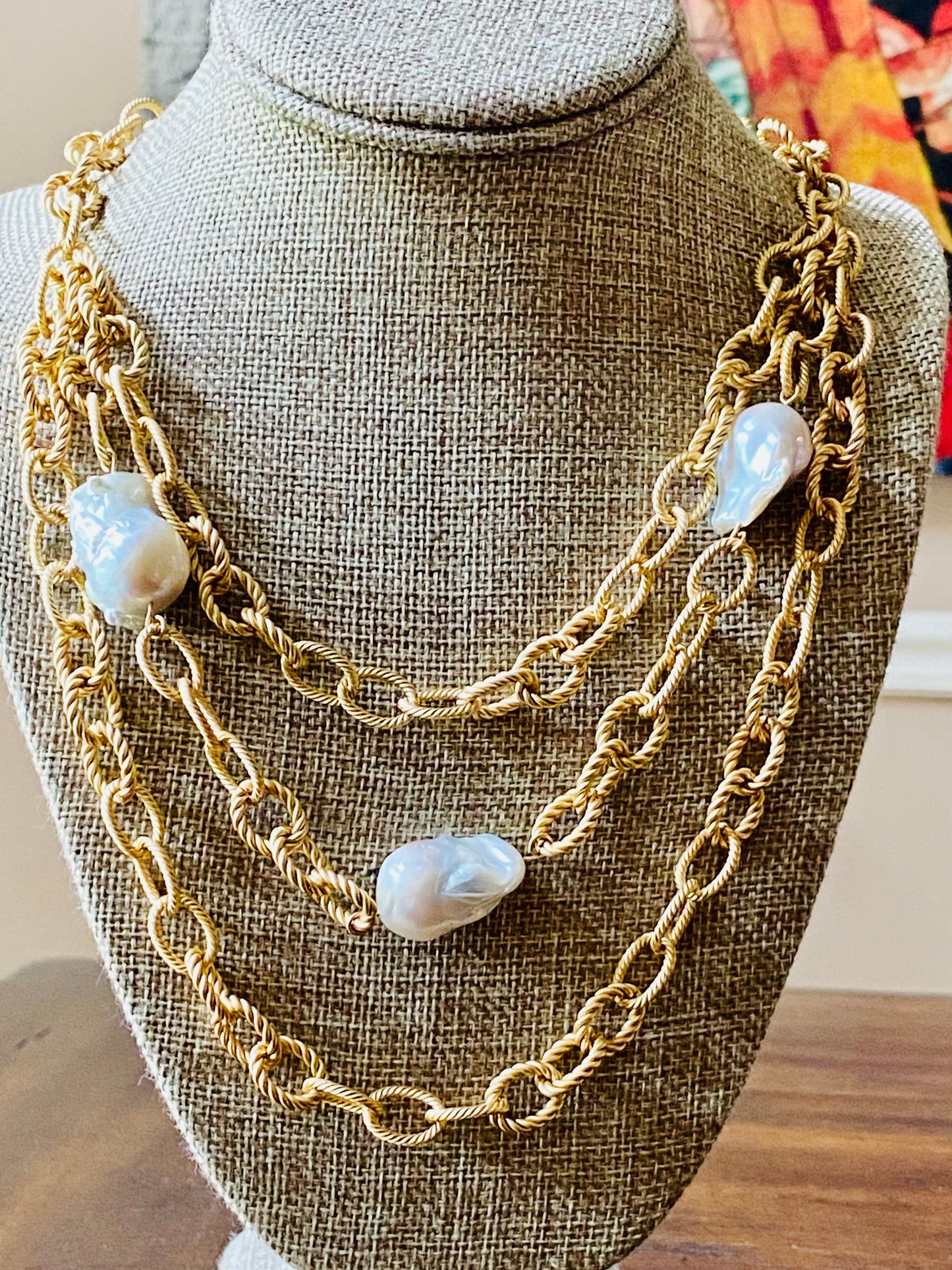 Matte Gold Chain Link with Large Freshwater Baroque Pearls