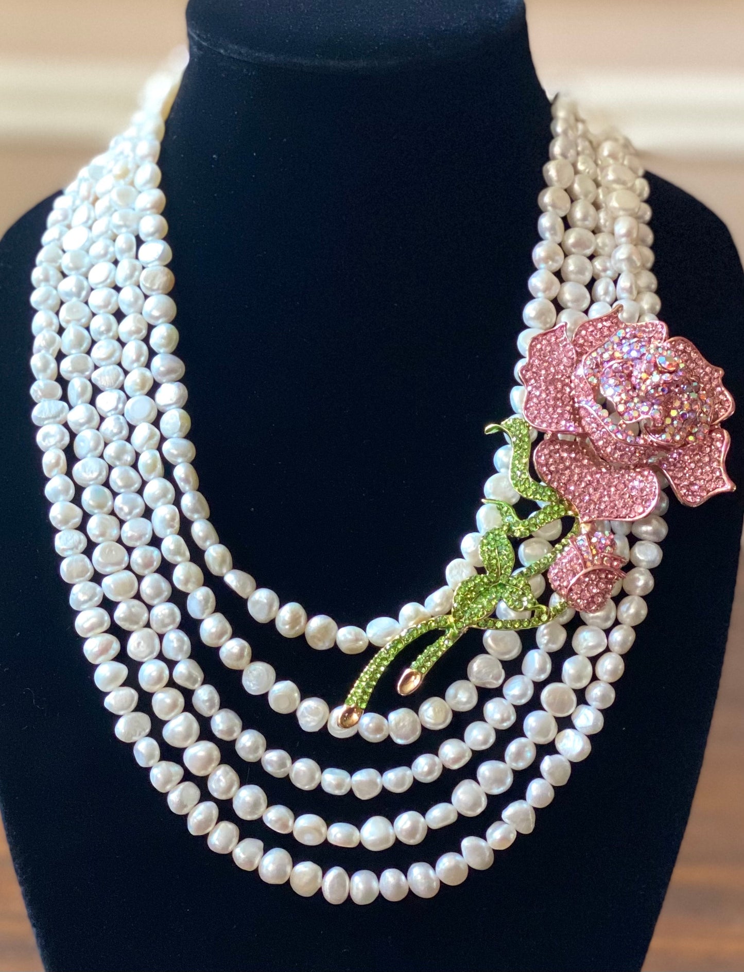 Multi-Strand Freshwater Pearl Necklace with Pink Pave Long Stem Rose Brooch