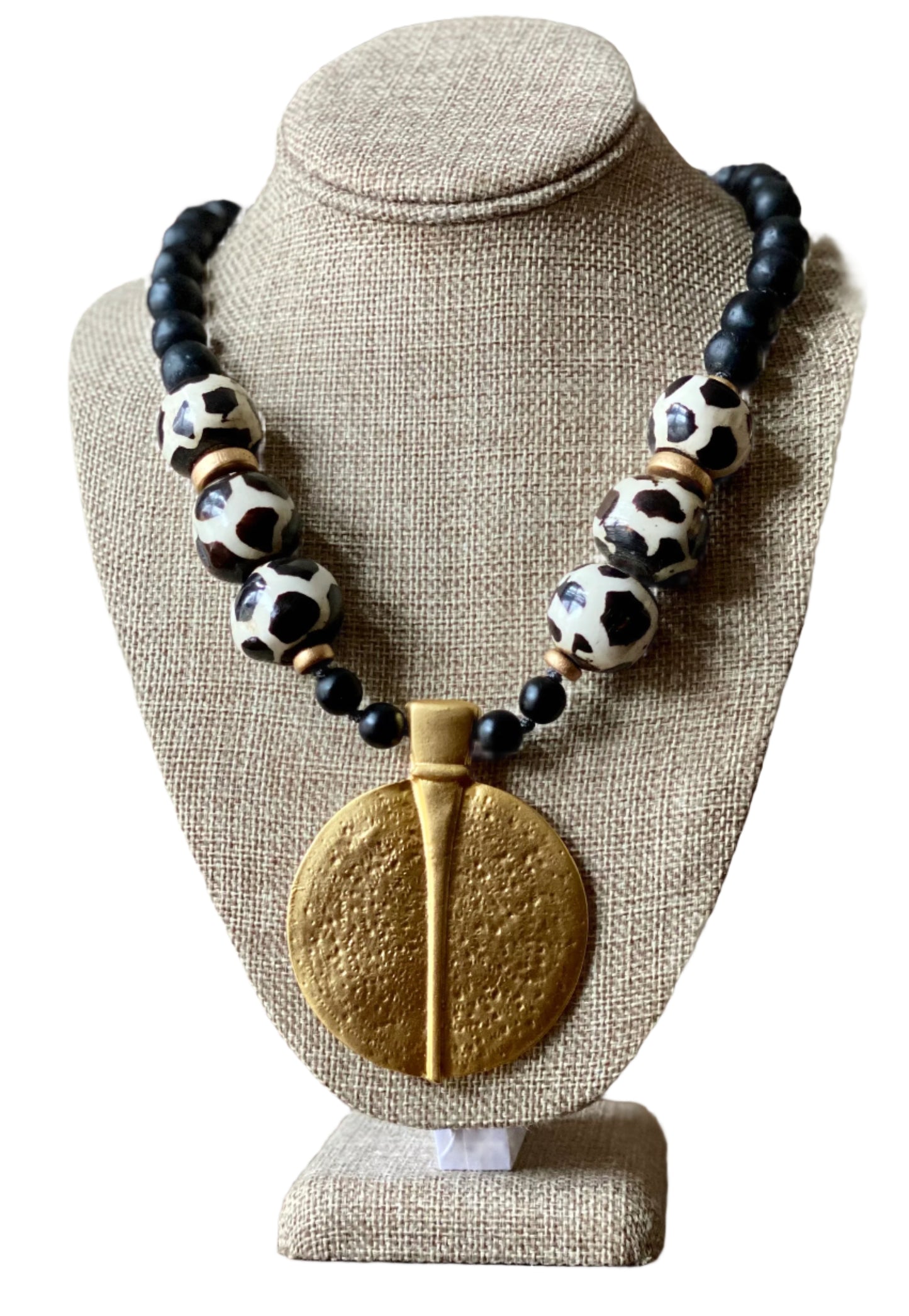 Black and White Giraffe Print Batik Bone Pendant Necklace