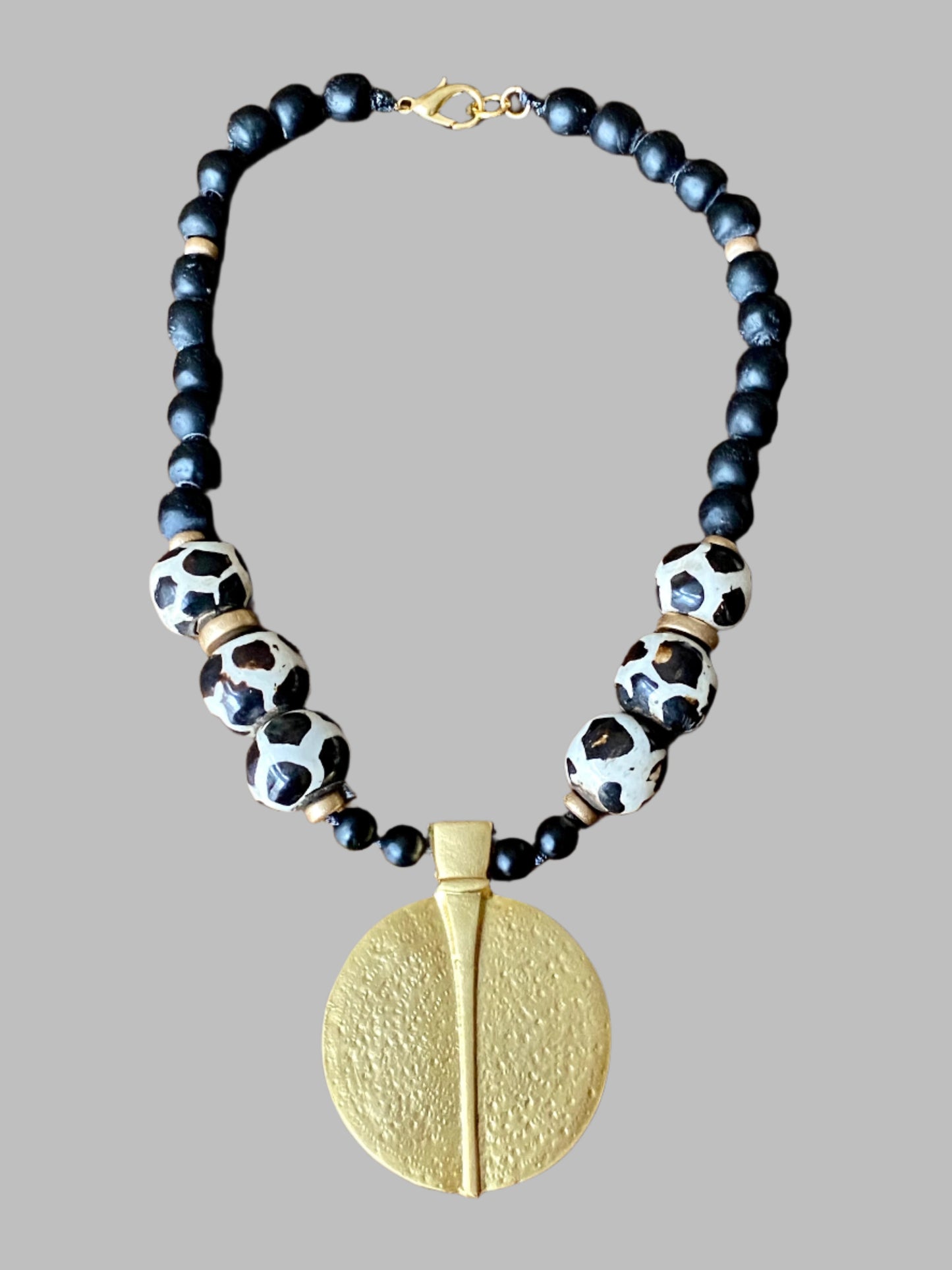 Black and White Giraffe Print Batik Bone Pendant Necklace