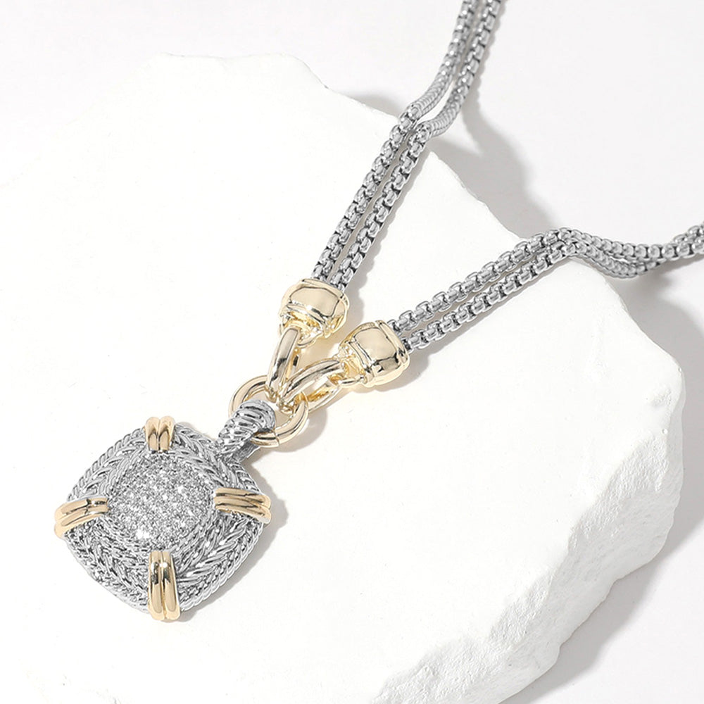 Two-Toned Pave Square Pendant Double Chain Necklace