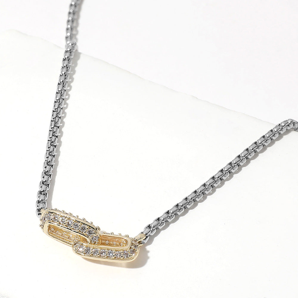 Ladies' Two-Toned  Double Link Pave Pendant Necklace