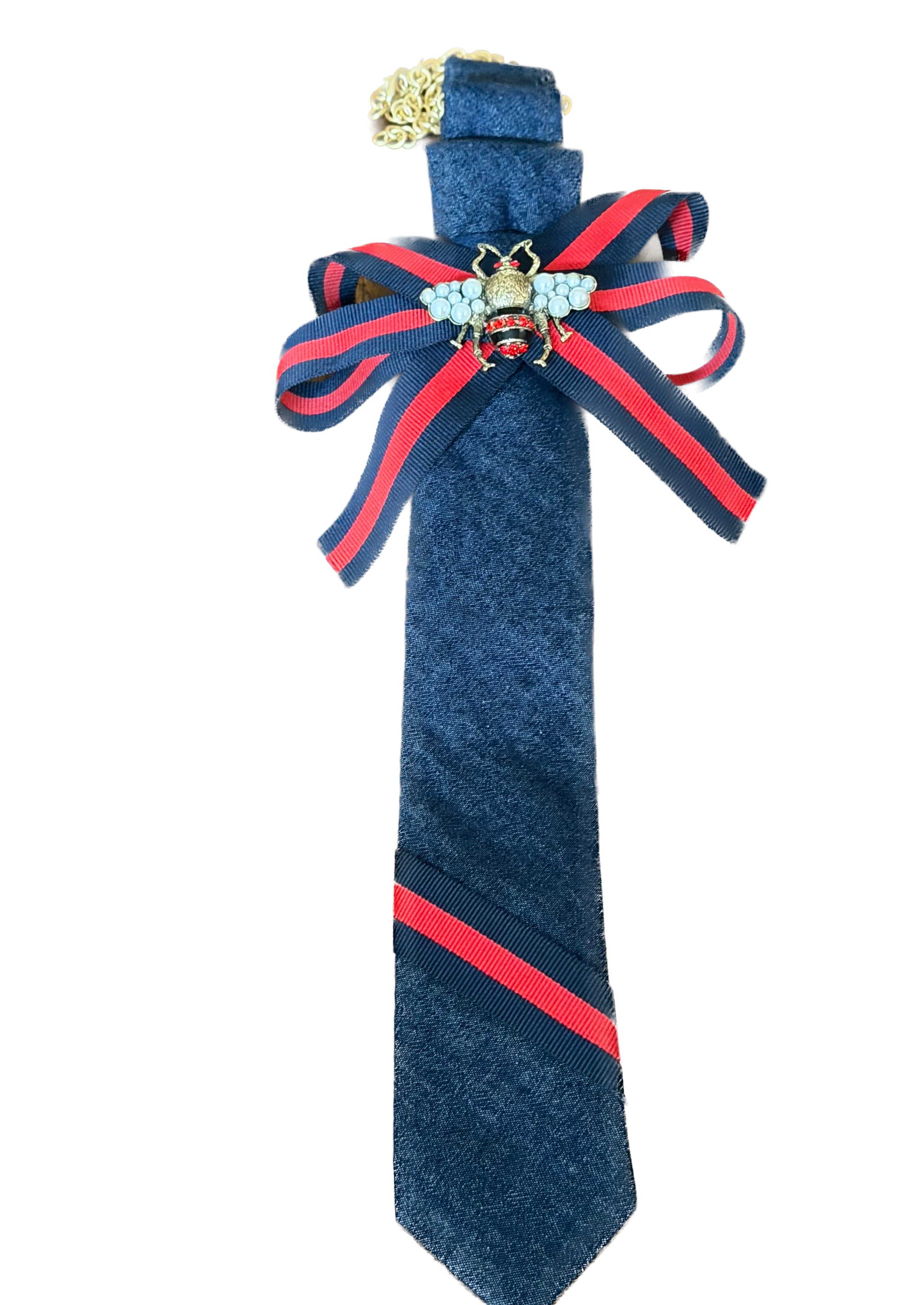 Handcrafted Bee Denim Necktie Necklace with Navy/Red Ribbon
