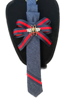 Load image into Gallery viewer, Handcrafted Bee Denim Necktie Necklace with Navy/Red Ribbon
