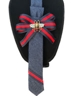 Load image into Gallery viewer, Handcrafted Bee Denim Necktie Necklace with Navy/Red Ribbon
