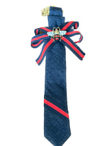 Load image into Gallery viewer, Handcrafted Bee Denim Necktie Necklace with Navy/Red Ribbon
