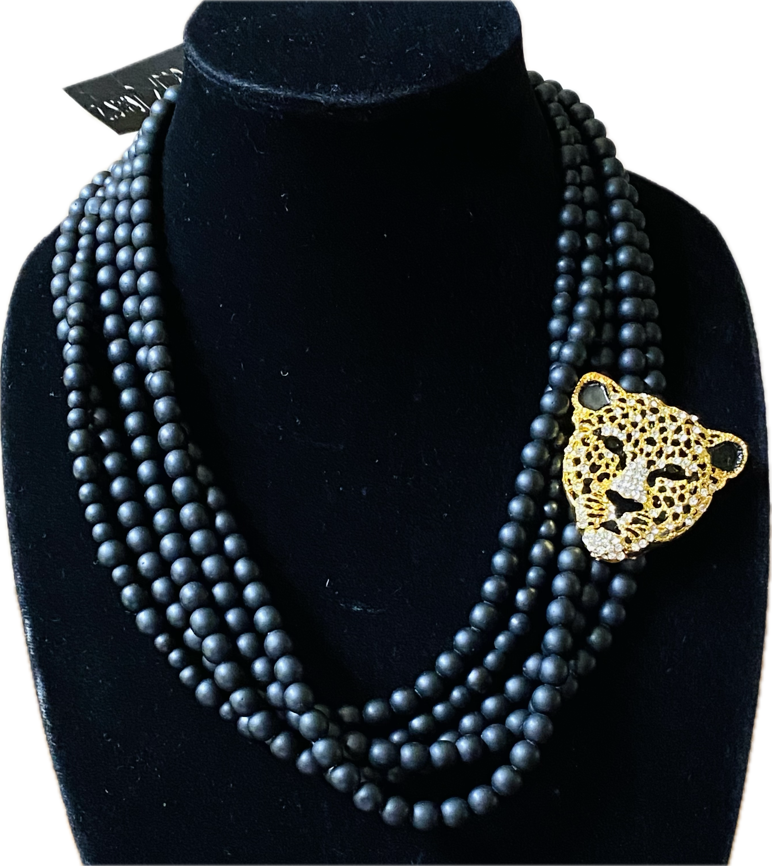 Black Multi-Strand Leopard Pendant Necklace