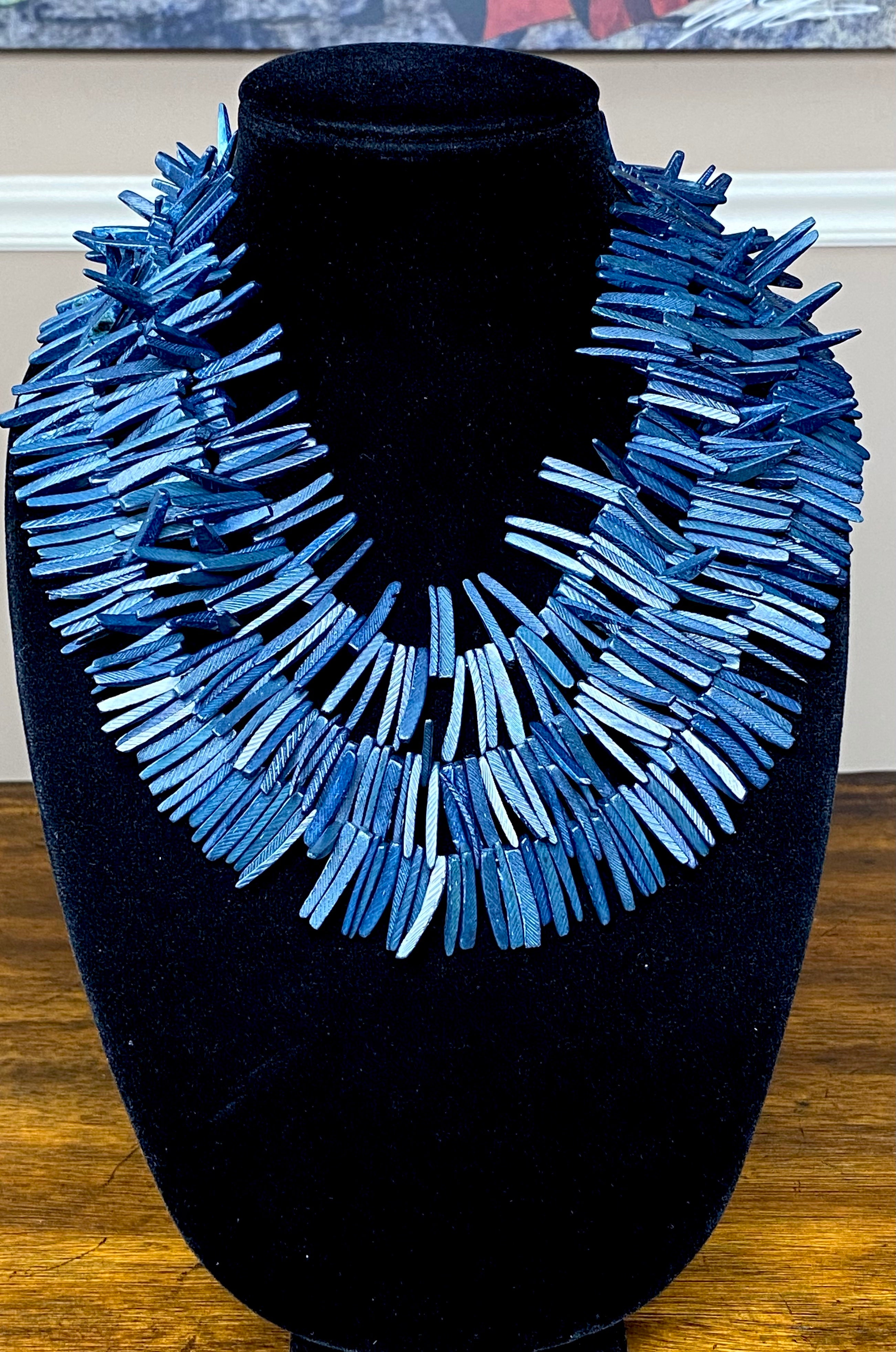 Handcrafted Blue Wood Stick Bead Necklace