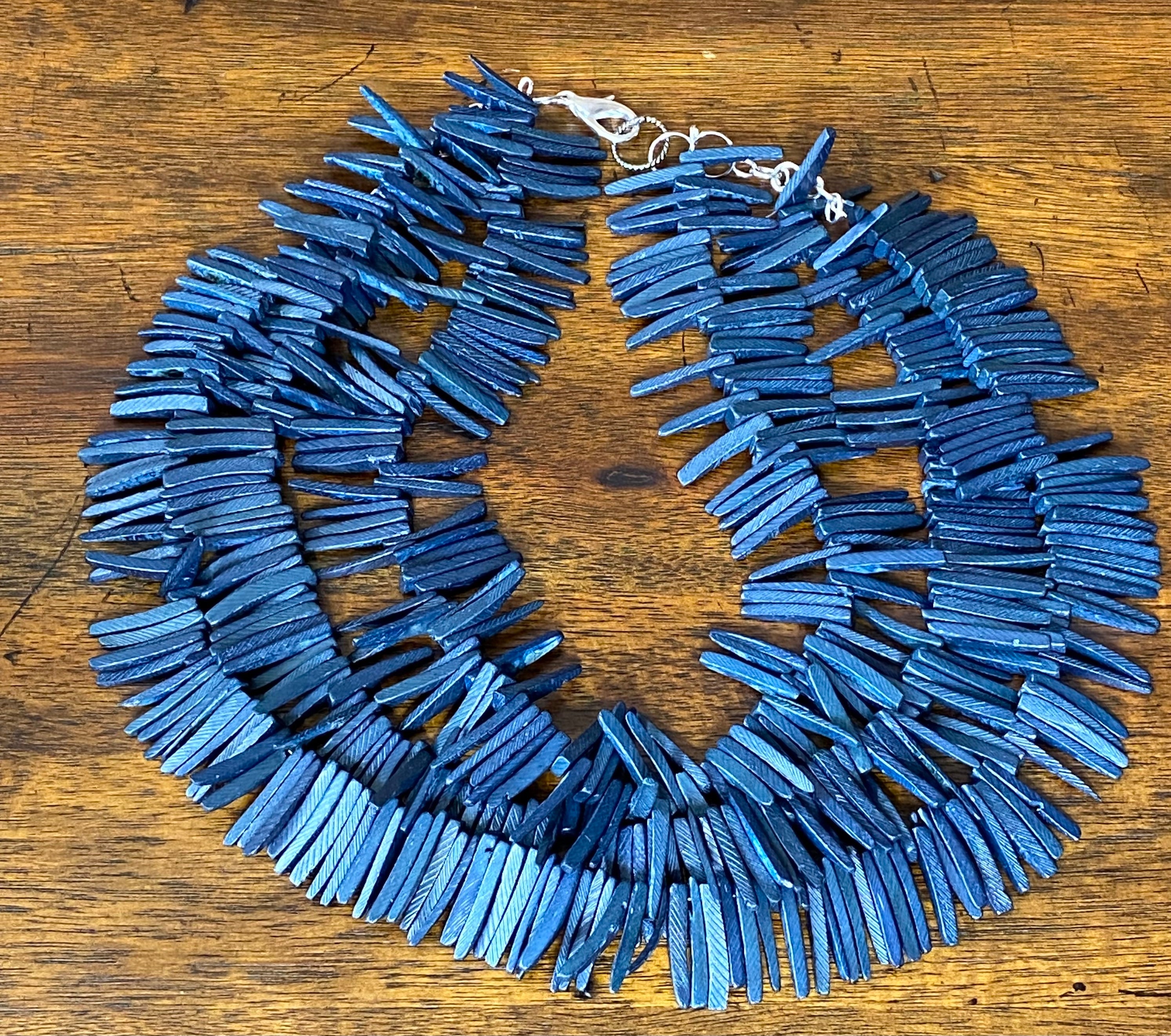 Handcrafted Blue Wood Stick Bead Necklace