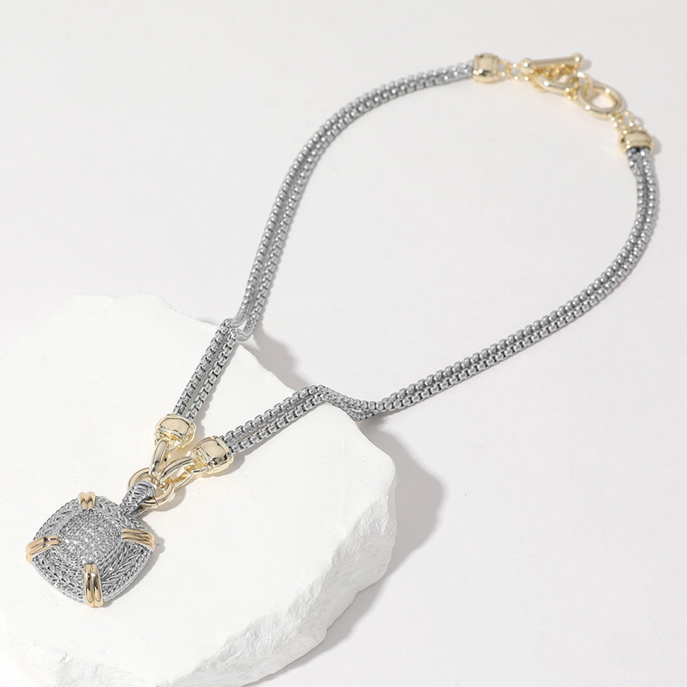 Two-Toned Pave Square Pendant Double Chain Necklace