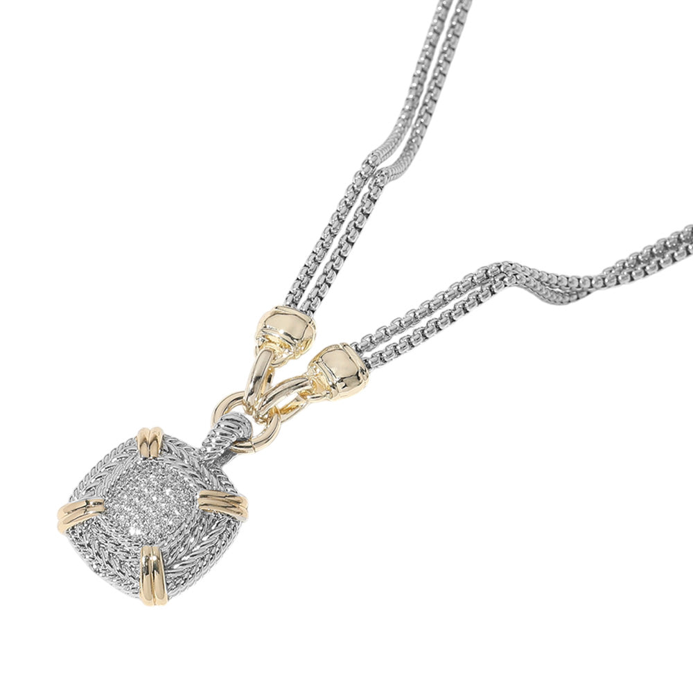 Two-Toned Pave Square Pendant Double Chain Necklace