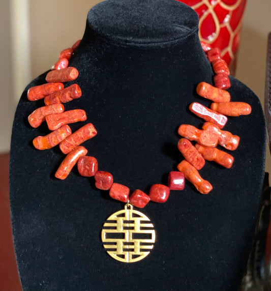 Coral Necklace with Geometric Pendant