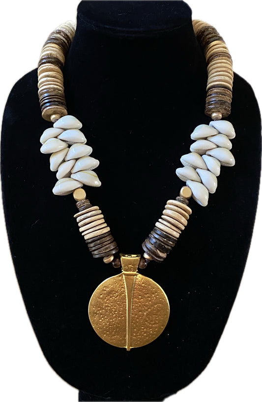 African Inspired Cowrie Shell and Wood Disc Necklace
