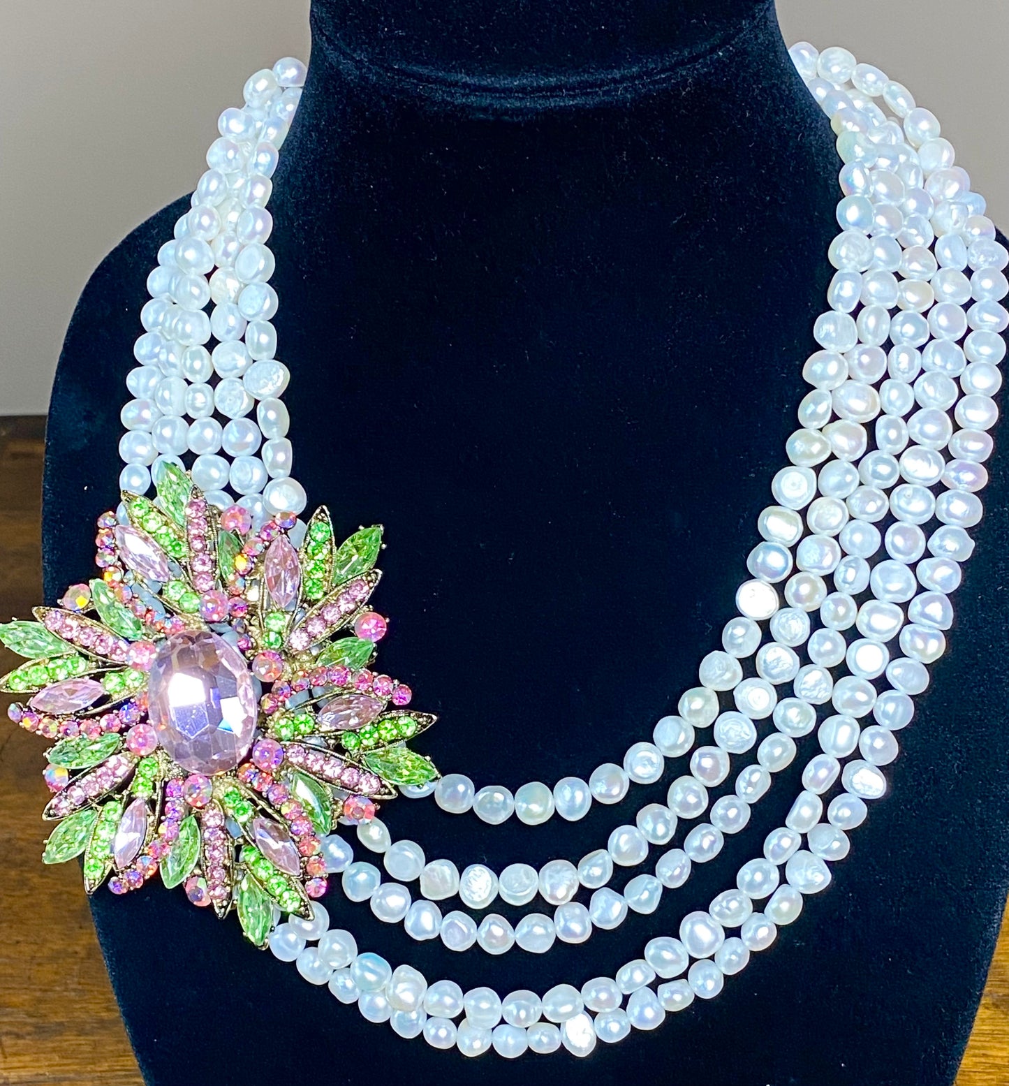 Freshwater Pearl Necklace with Pink and Green Brooch