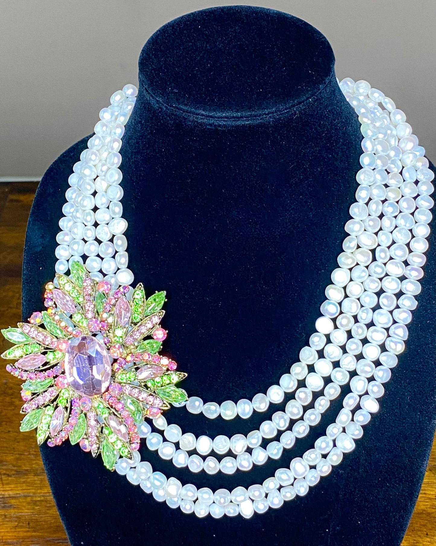 Freshwater Pearl Necklace with Pink and Green Brooch