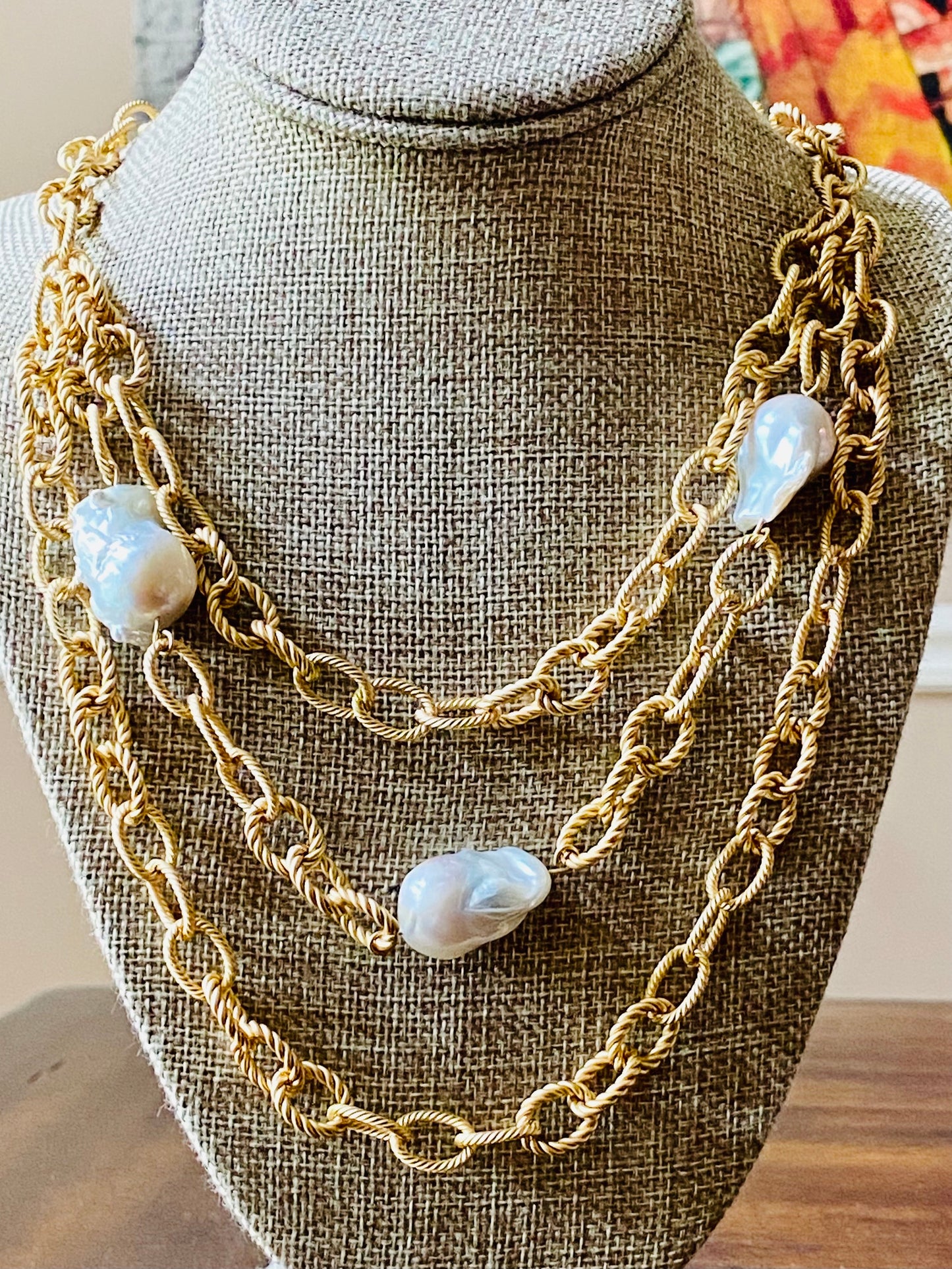 Matte Gold Chain Link with Large Freshwater Baroque Pearls