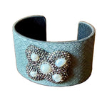 Load image into Gallery viewer, Gray snakeskin textured cuff bracelet with pearl-like embellishments 
