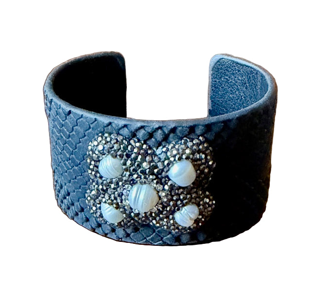 Black snakeskin textured cuff bracelet with Druzy/Pearl embellishments 