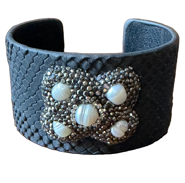 black faux leather cuff bracelet with druzy and pearl accent 