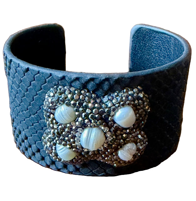 Black snakeskin textured cuff bracelet with druzy/pearl decorative elements
