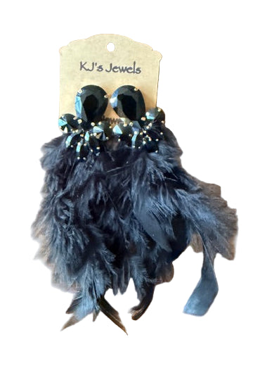 Black feathered earrings with embellishments on a branded 'KJ's Jewels' card