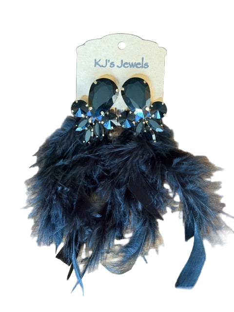 Black feathered earrings on a KJ's Jewels branded card.