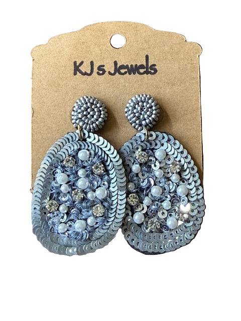 Pair of dangle earrings with beads and sequins on a KJ's Jewels card,