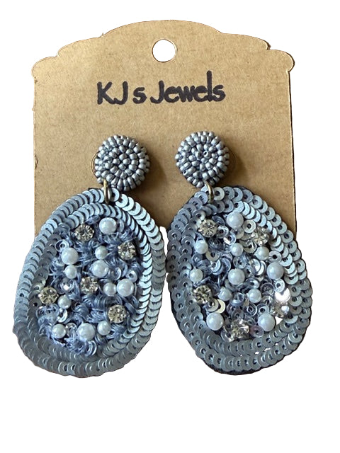 Set of silver beaded earrings on a KJ's Jewels card 