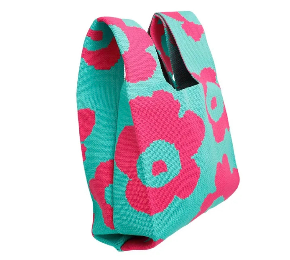 Ladies' Pink/Green Knit Top Handle Handbag/Wristlet/Purse