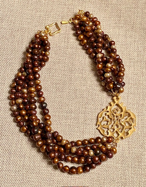 Multi-Strand Freshwater Brown Pearl Necklace with Gold Accent Pendant