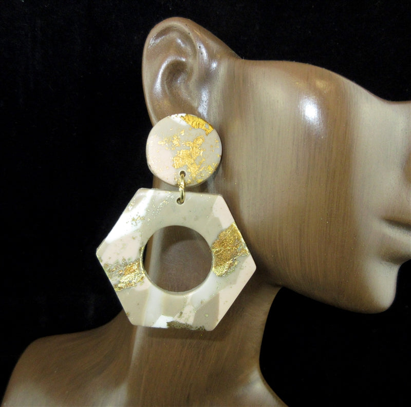 Ladies Light Brown and Gold Clay Dangle Earrings