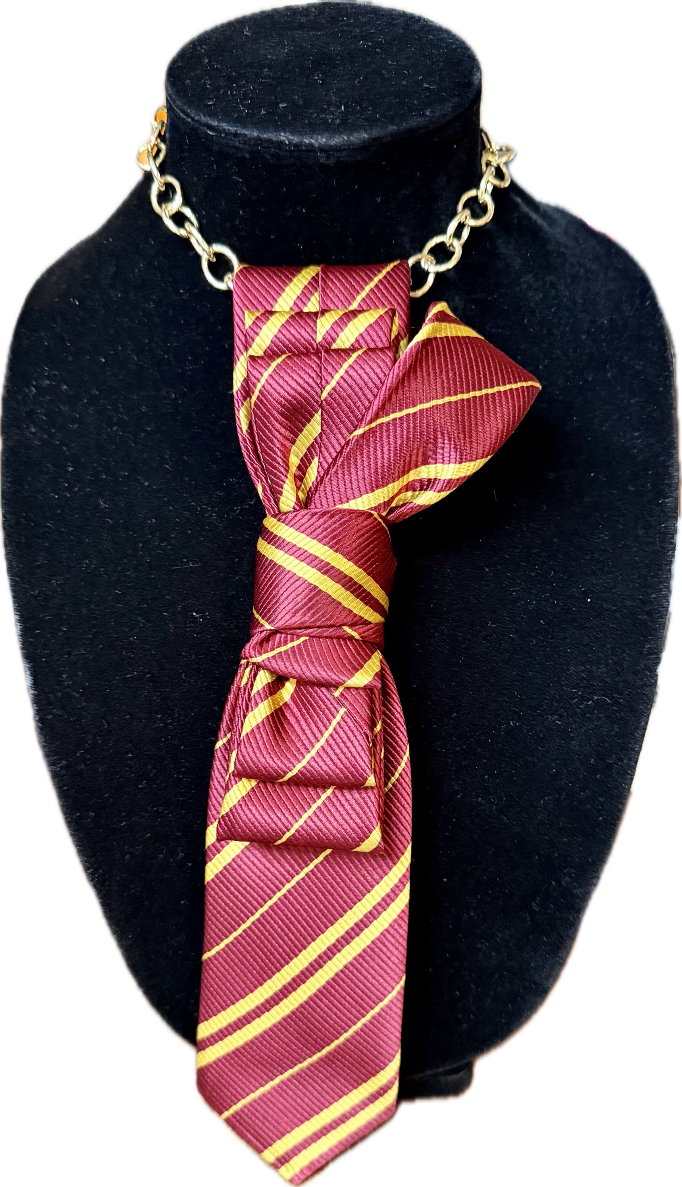 Striped Maroon and Gold Necktie Necklace