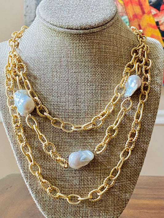 Matte Gold Chain Link with Large Freshwater Baroque Pearls
