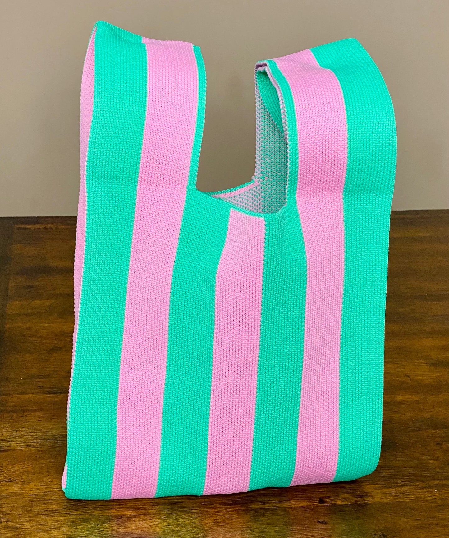 Pink/Green Striped Top Handle Handbag/Wristlet/Purse