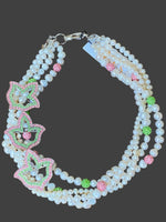 Load image into Gallery viewer, pearl necklace with 3 pink and green ivy brooches
