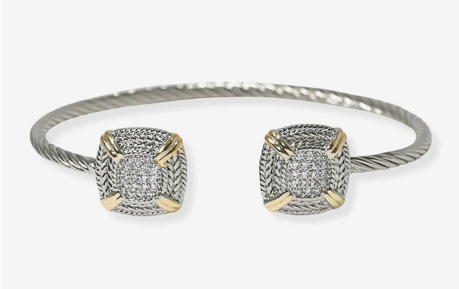 Two-Toned Cuff Bracelet with Square Micro Pavé End Caps