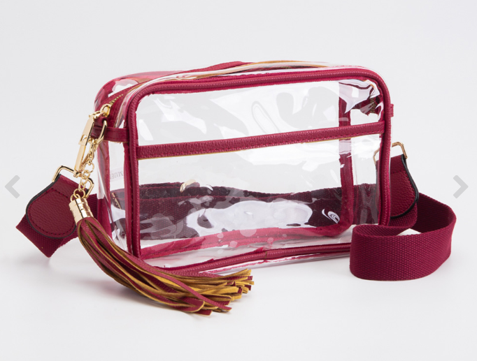 Maroon and Gold Tassel Transparent Crossbody Stadium Bag