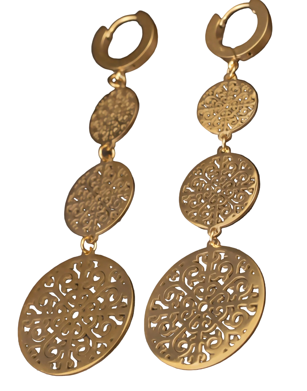 Gold earrings with intricate designs on a white background