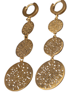 Load image into Gallery viewer, Gold earrings with intricate designs on a white background

