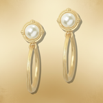 Load image into Gallery viewer, A pair of gold hoop earrings with oval pearl studs and decorative gold settings
