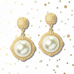 Load image into Gallery viewer, A pair of gold drop earrings featuring a textured round stud and a larger oval pearl-like drop in an ornate gold bezel setting, shown on a white background with gold dots
