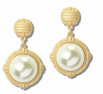 Load image into Gallery viewer, A pair of gold drop earrings featuring a textured round stud and a larger oval pearl-like drop in an ornate gold bezel setting, shown on a plain white background.
