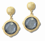 Load image into Gallery viewer, A pair of gold drop earrings featuring faceted round gray gemstones in ornate gold bezel settings, with textured gold posts at the top, shown on a plain white background.
