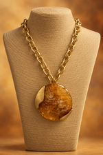 Load image into Gallery viewer, Gold Tone Statement Necklace with Round Resin Pendant
