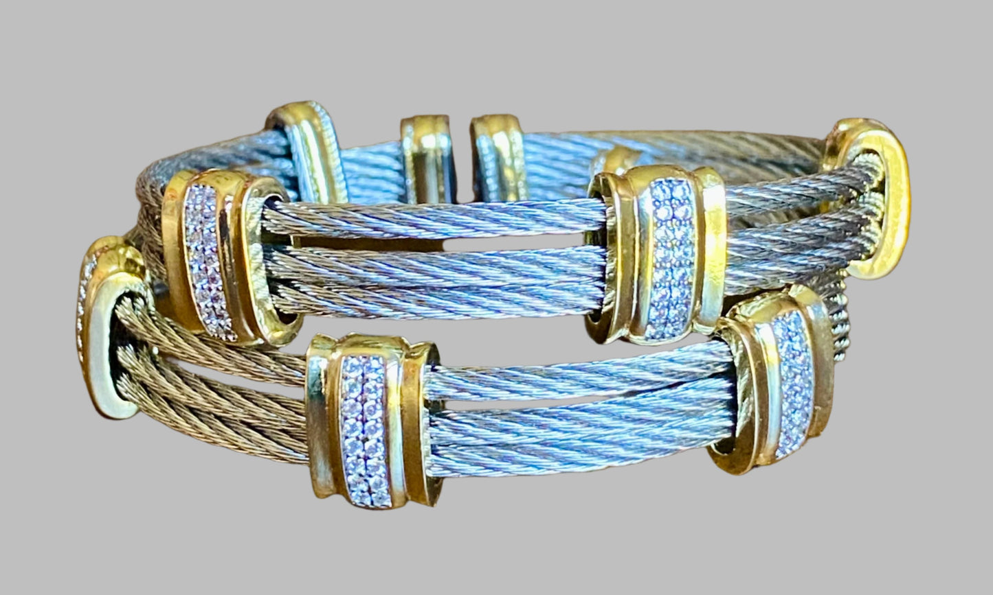 Silver/Gold Twisted Cable Wire Cuff with Accent Beads