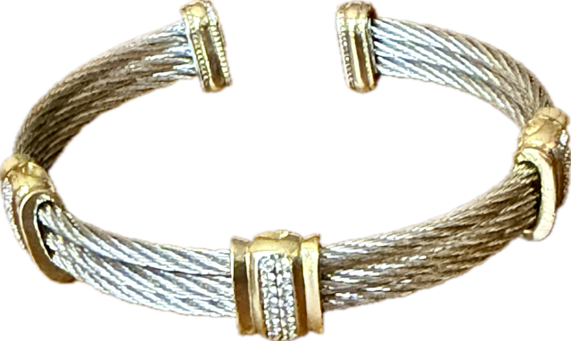 Silver/Gold Two- Toned Twisted Cable Wire Bracelet Cuff with Accent Beads