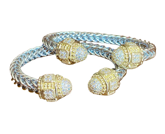 Silver/Gold Tone Thick Cable Wire Bracelet Cuff With Rhinestone End Caps