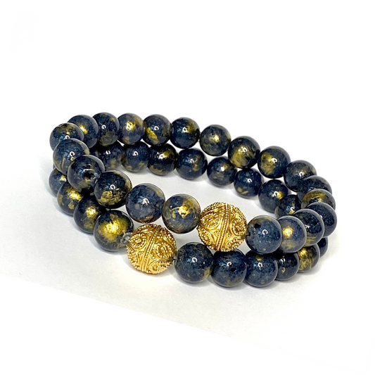 Blue/Gray Jade Gold Foil/Vermeil Accent Bead