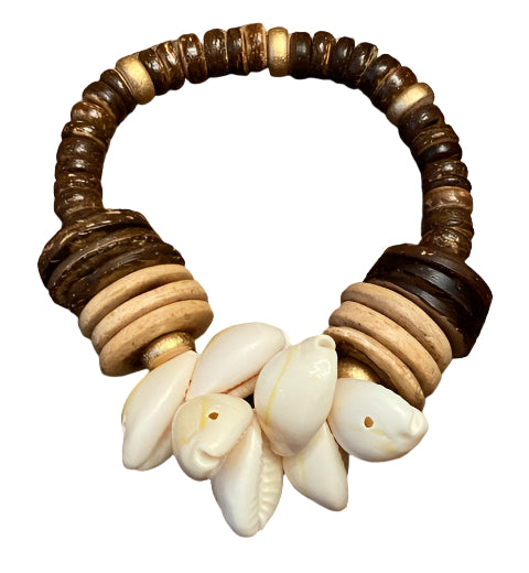 African-Inspired Cowrie Shell and Wood Disc Bracelet