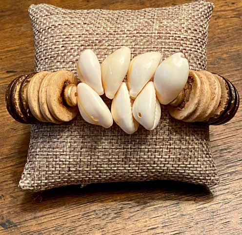 African-Inspired Cowrie Shell and Wood Disc Bracelet